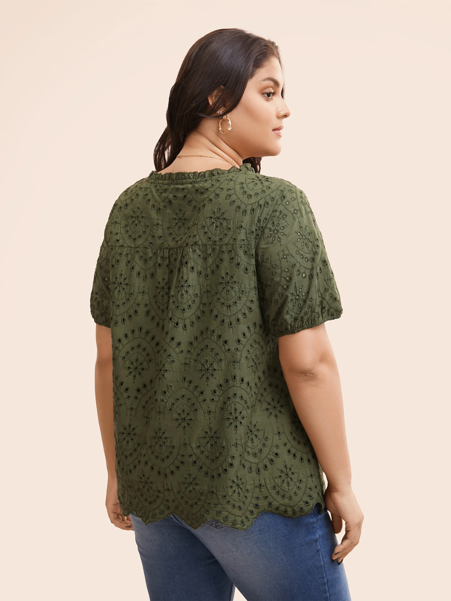 Notched Broderie Anglaise Frill Trim Blouse - Image 4