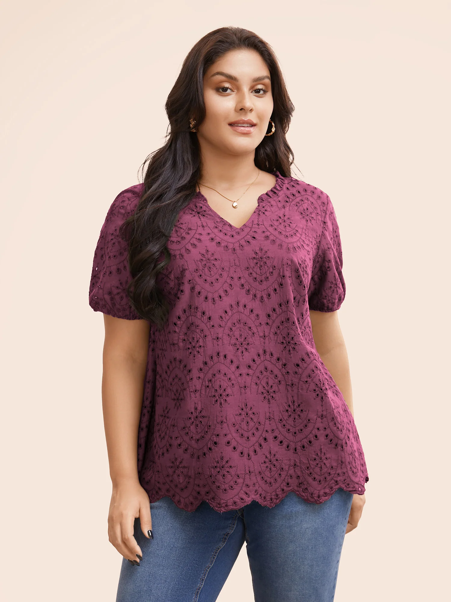 Notched Broderie Anglaise Frill Trim Blouse - Image 8