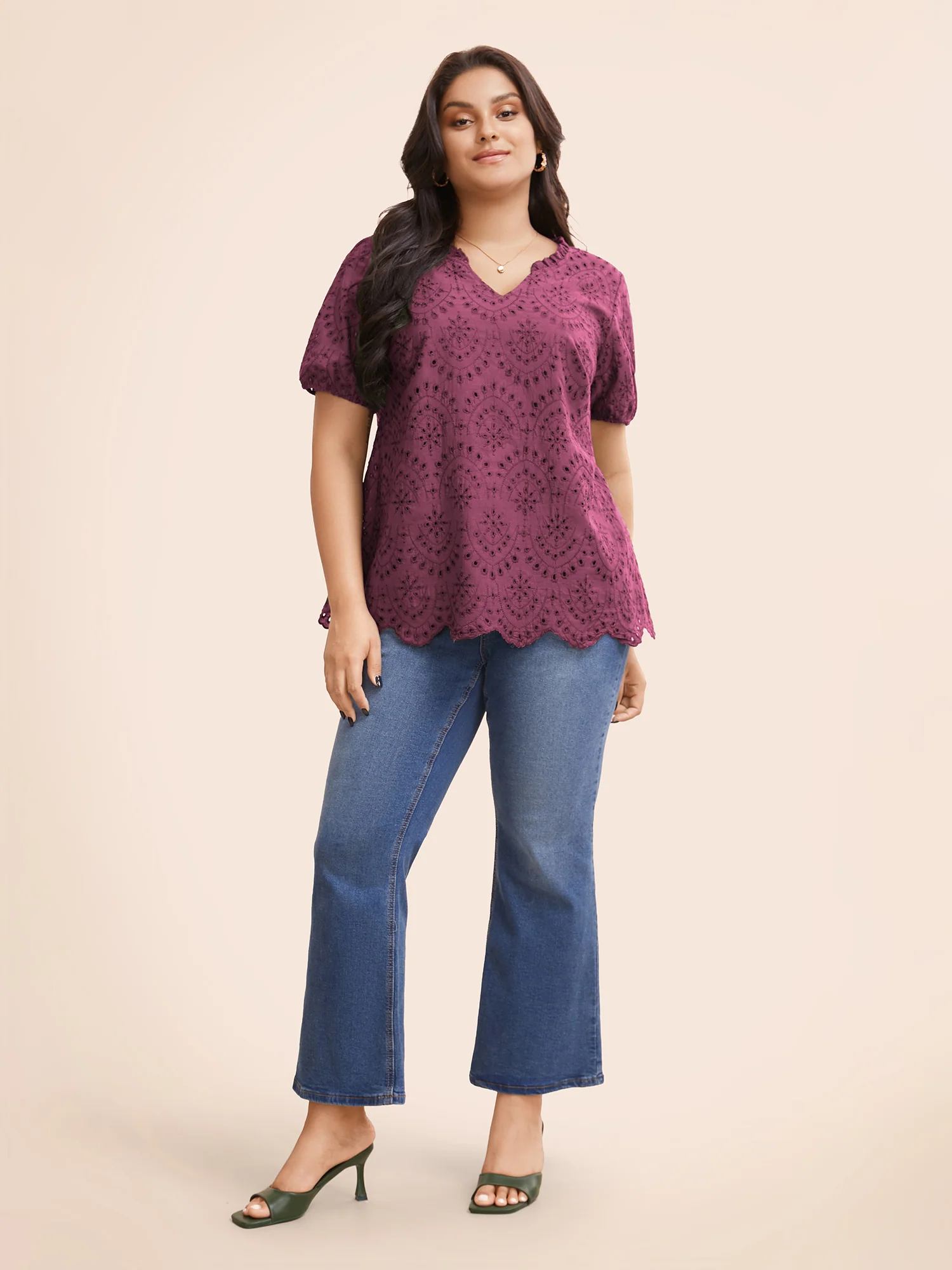 Notched Broderie Anglaise Frill Trim Blouse - Image 9