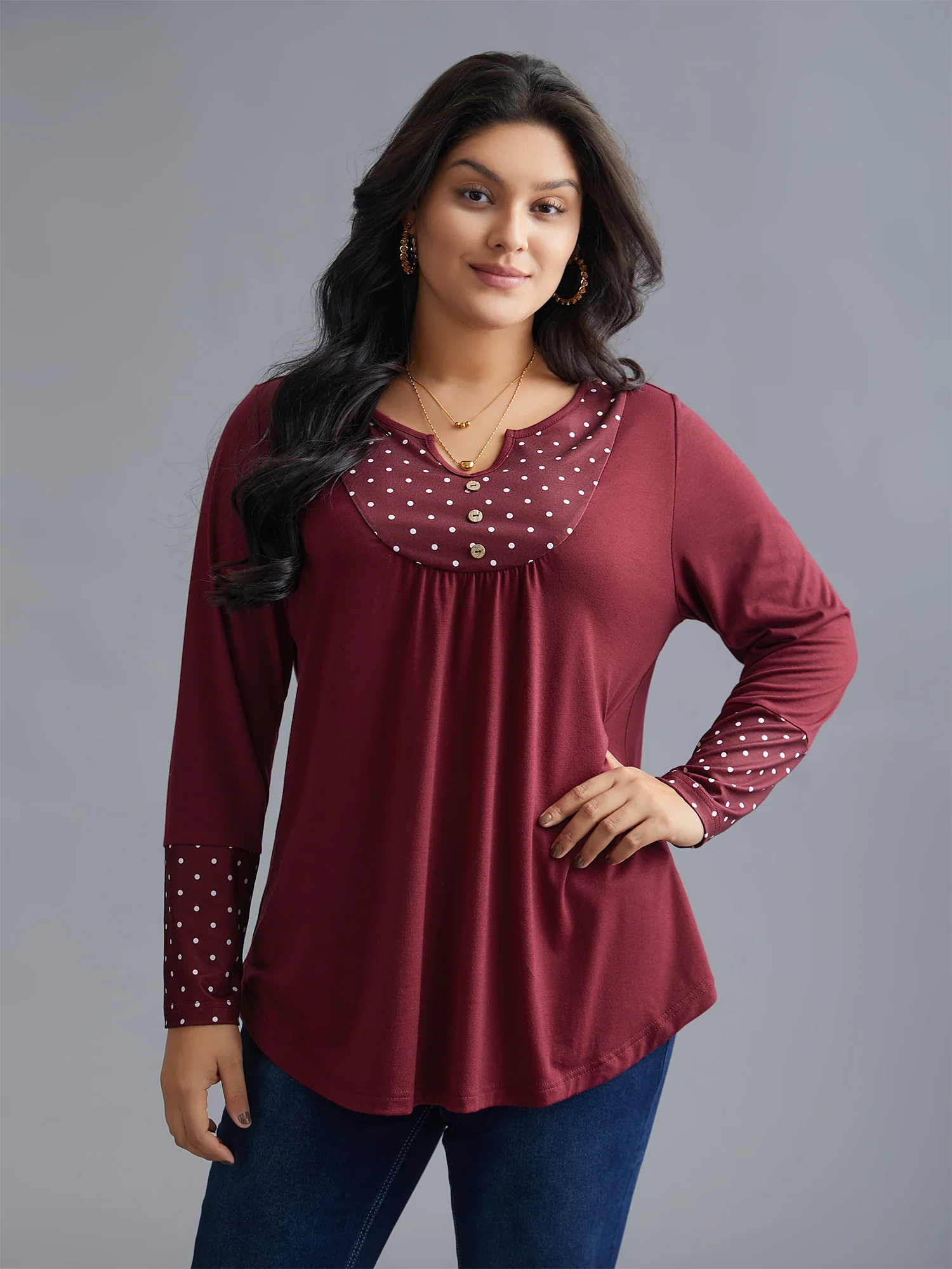 Notched Button Detail Polka Dot Patchwork T-shirt - Image 2