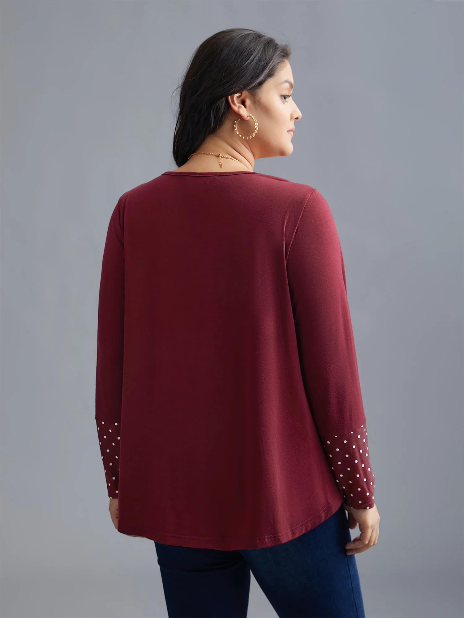 Notched Button Detail Polka Dot Patchwork T-shirt - Image 3