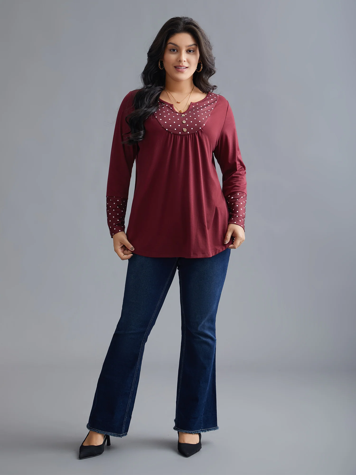 Notched Button Detail Polka Dot Patchwork T-shirt - Image 4