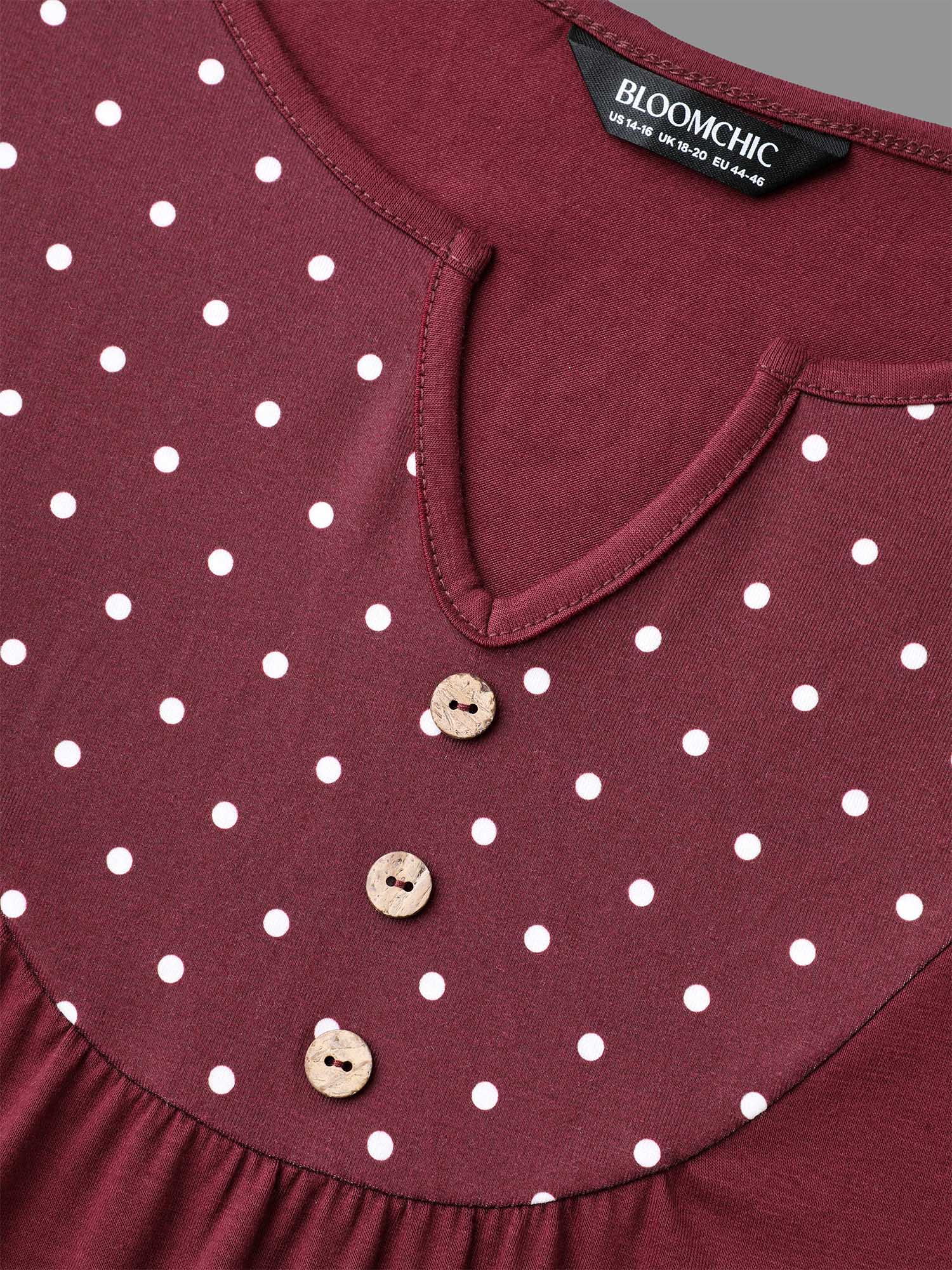 Notched Button Detail Polka Dot Patchwork T-shirt - Image 5