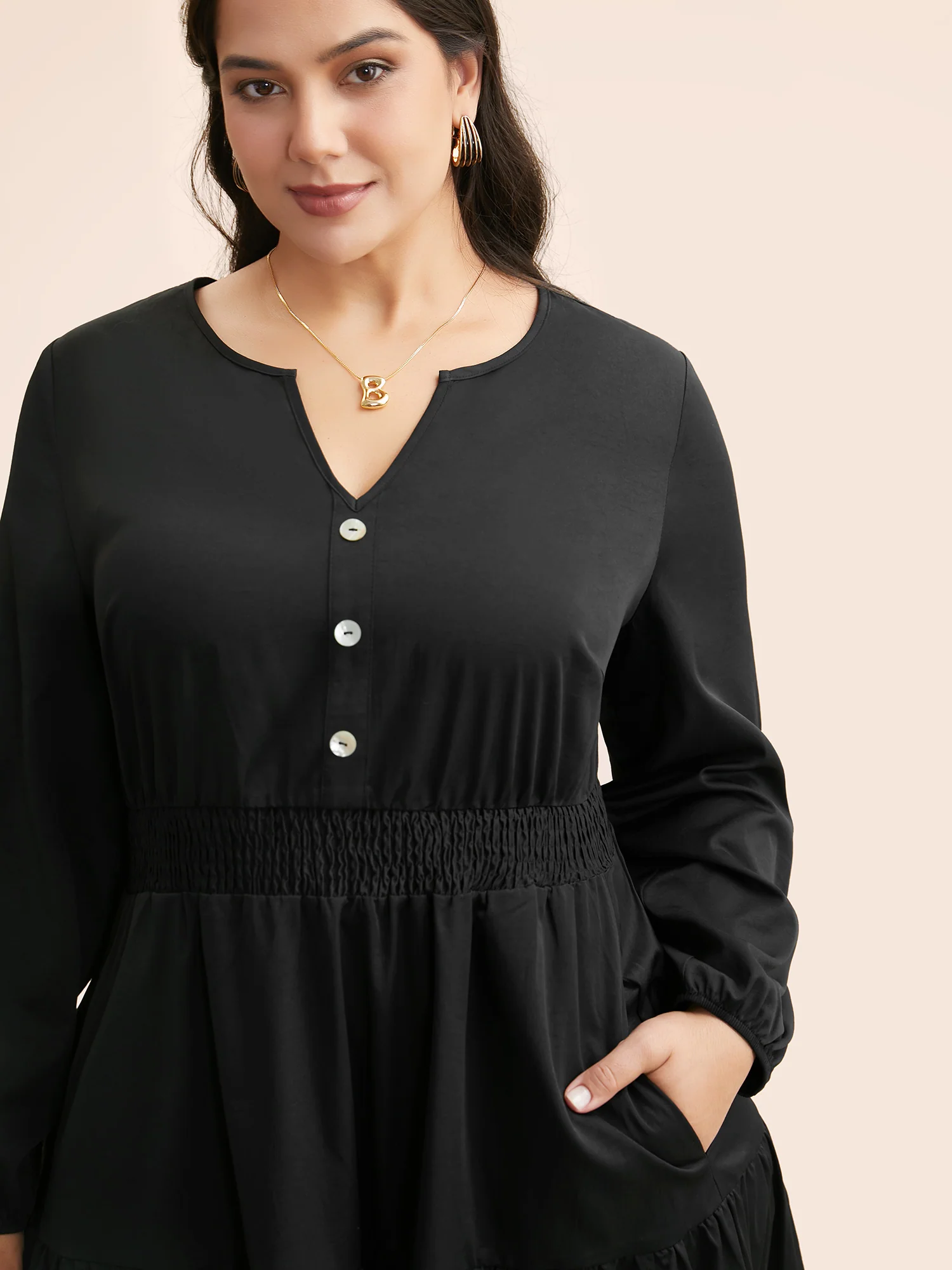 Notched Button Detail Ruffle Layered Hem Dress - Image 2