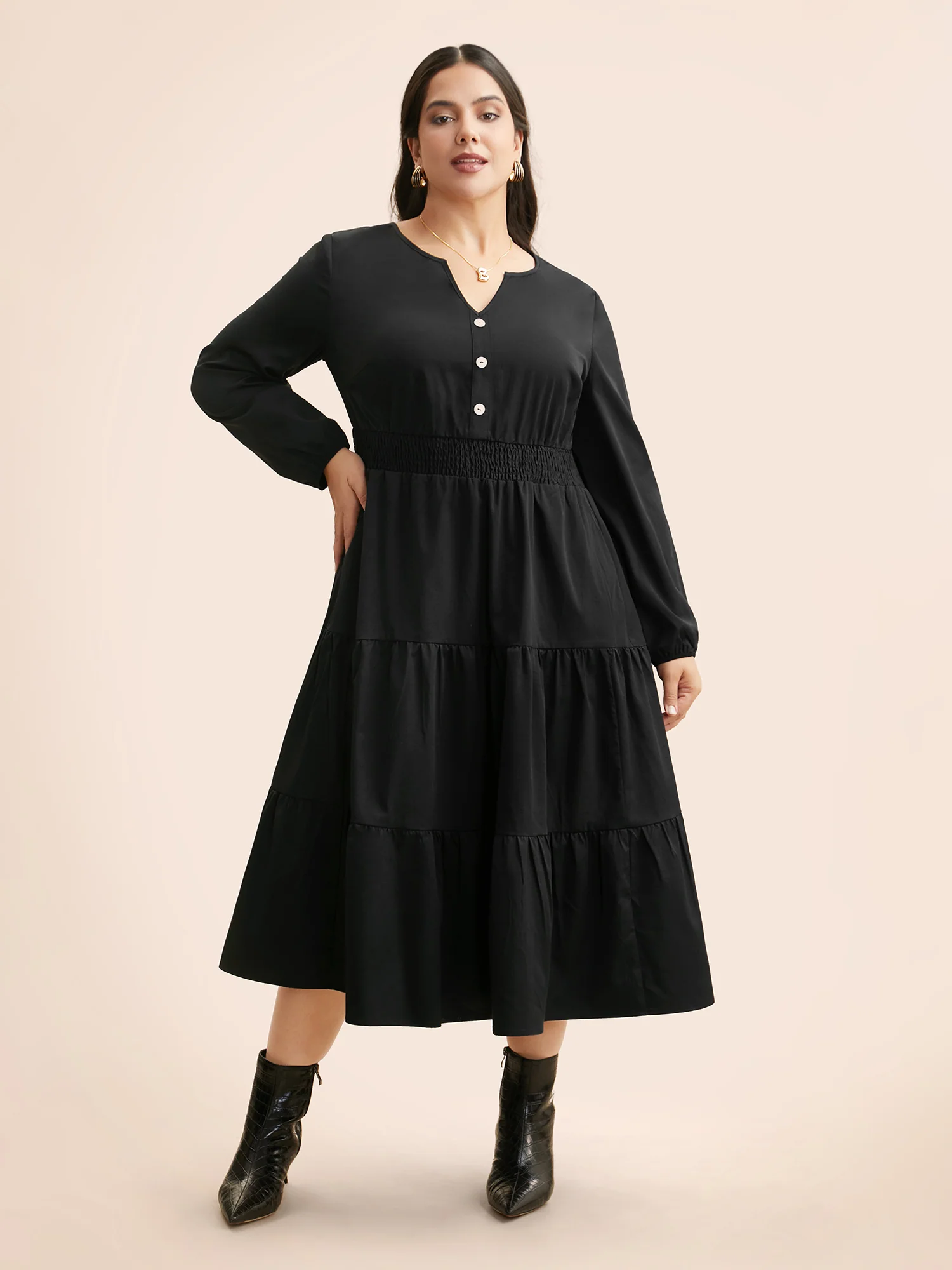 Notched Button Detail Ruffle Layered Hem Dress - Image 3