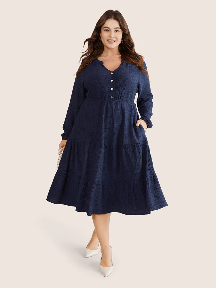 Notched Button Detail Ruffle Layered Hem Dress - Image 2