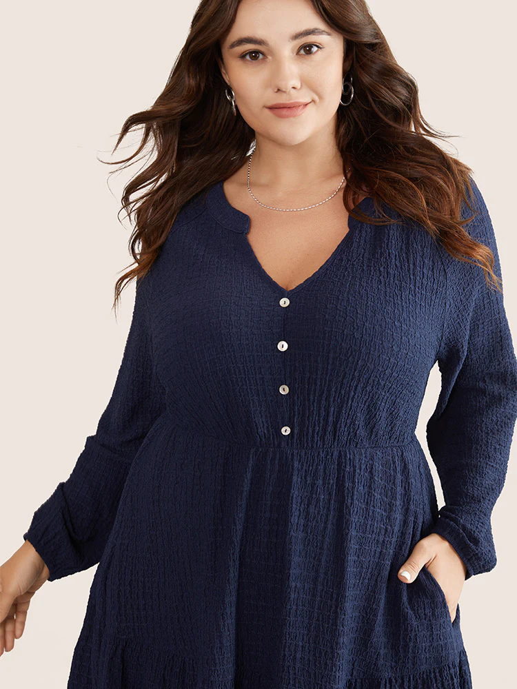 Notched Button Detail Ruffle Layered Hem Dress - Image 3