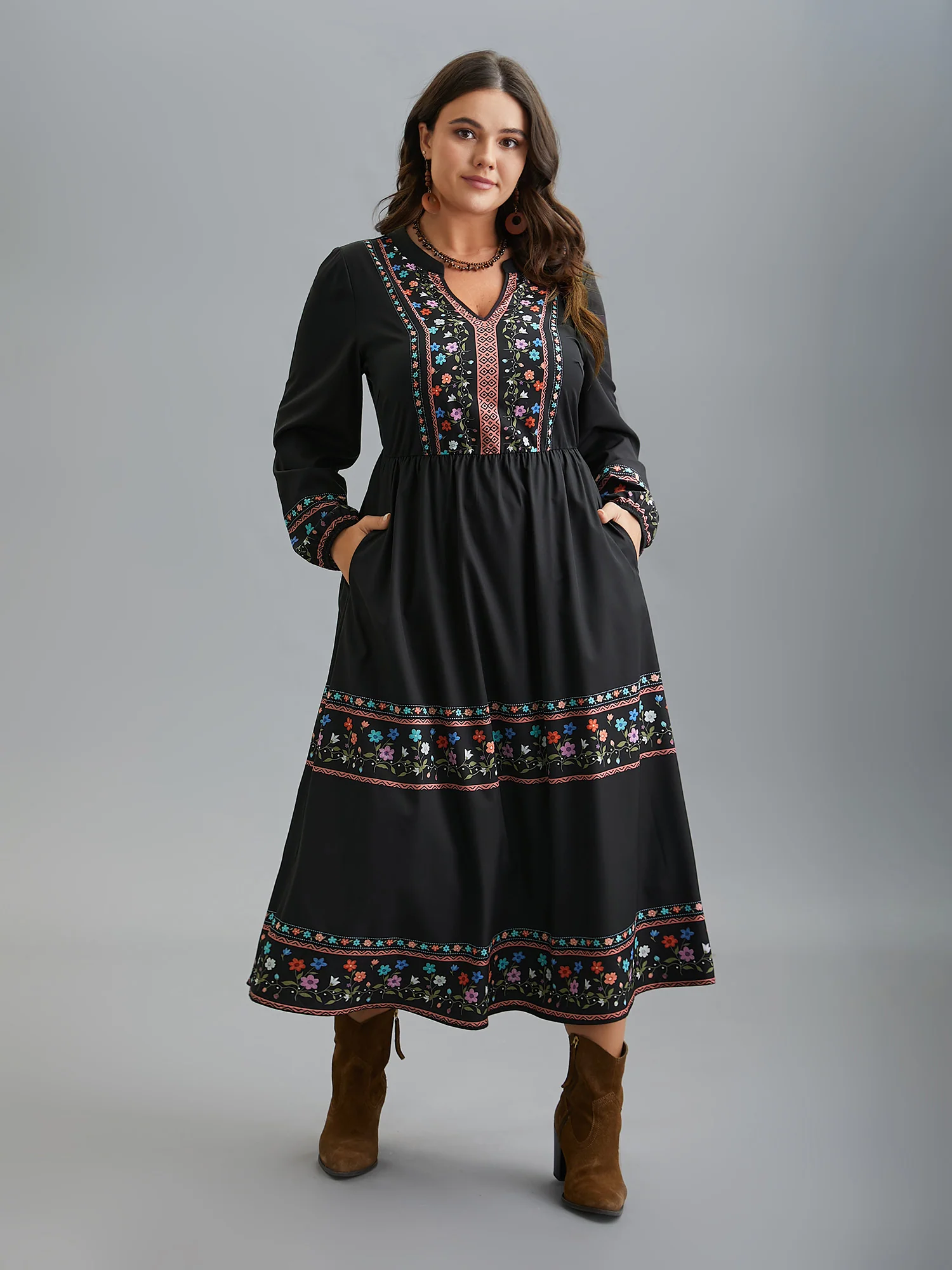 Notched Collar Boho Print Midi Dress - Image 2