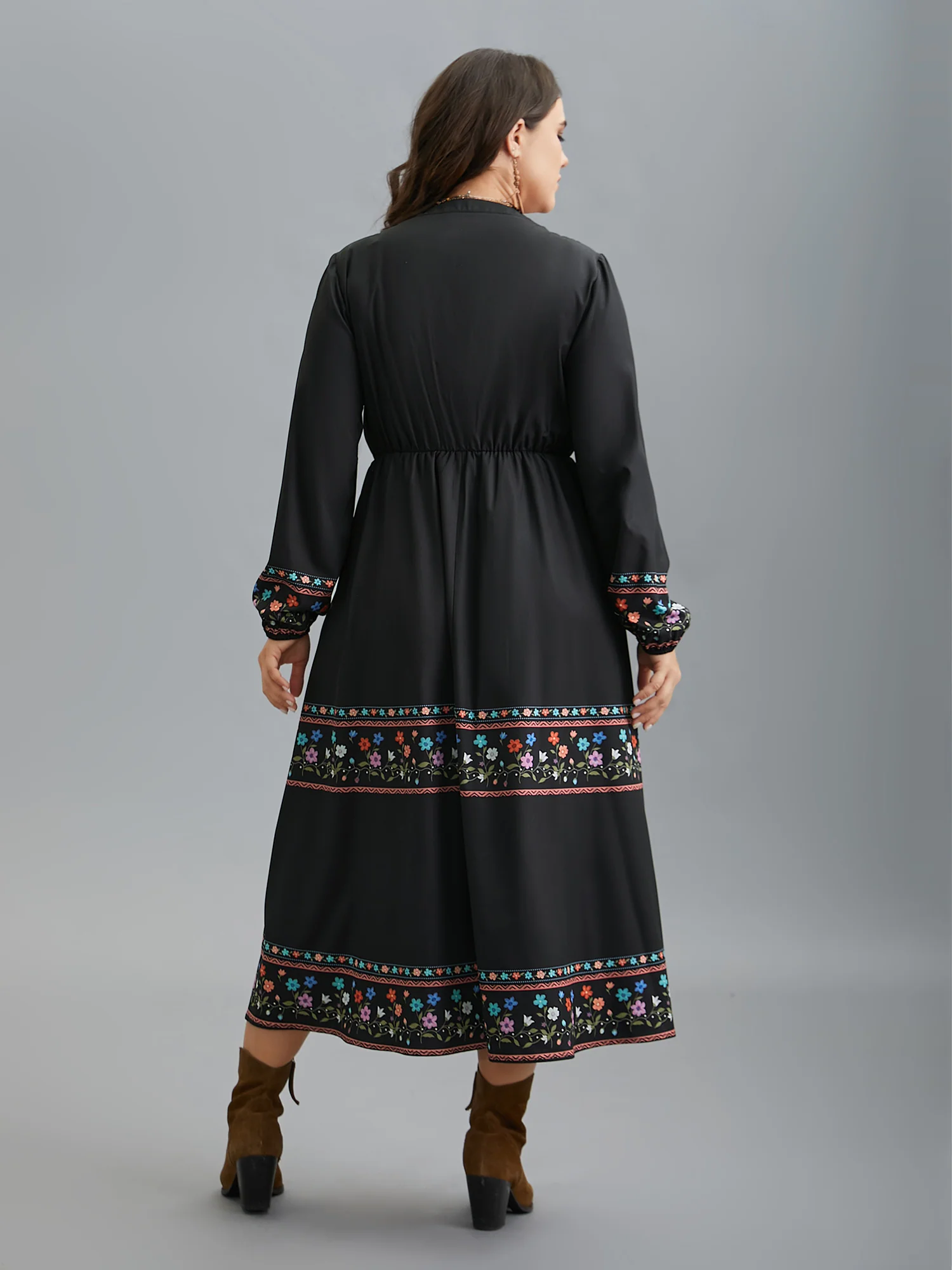 Notched Collar Boho Print Midi Dress - Image 5