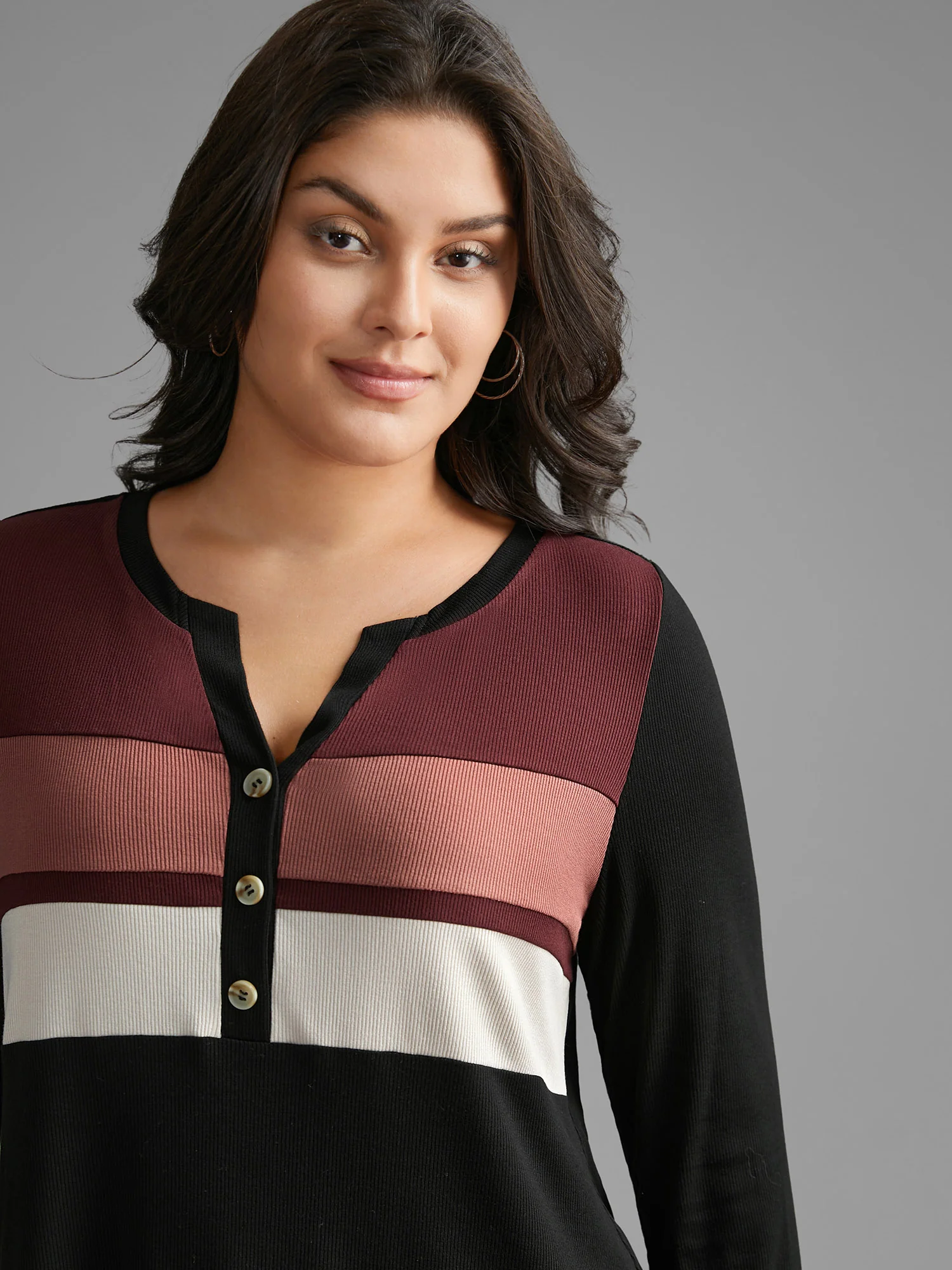 Notched Collar Contrast Patchwork Button Up T-shirt - Image 2