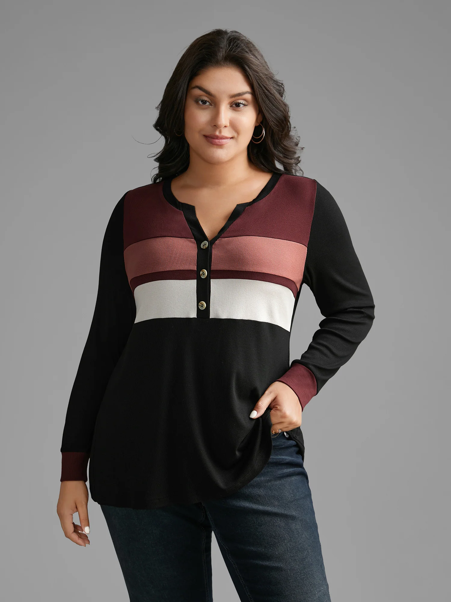 Notched Collar Contrast Patchwork Button Up T-shirt - Image 3