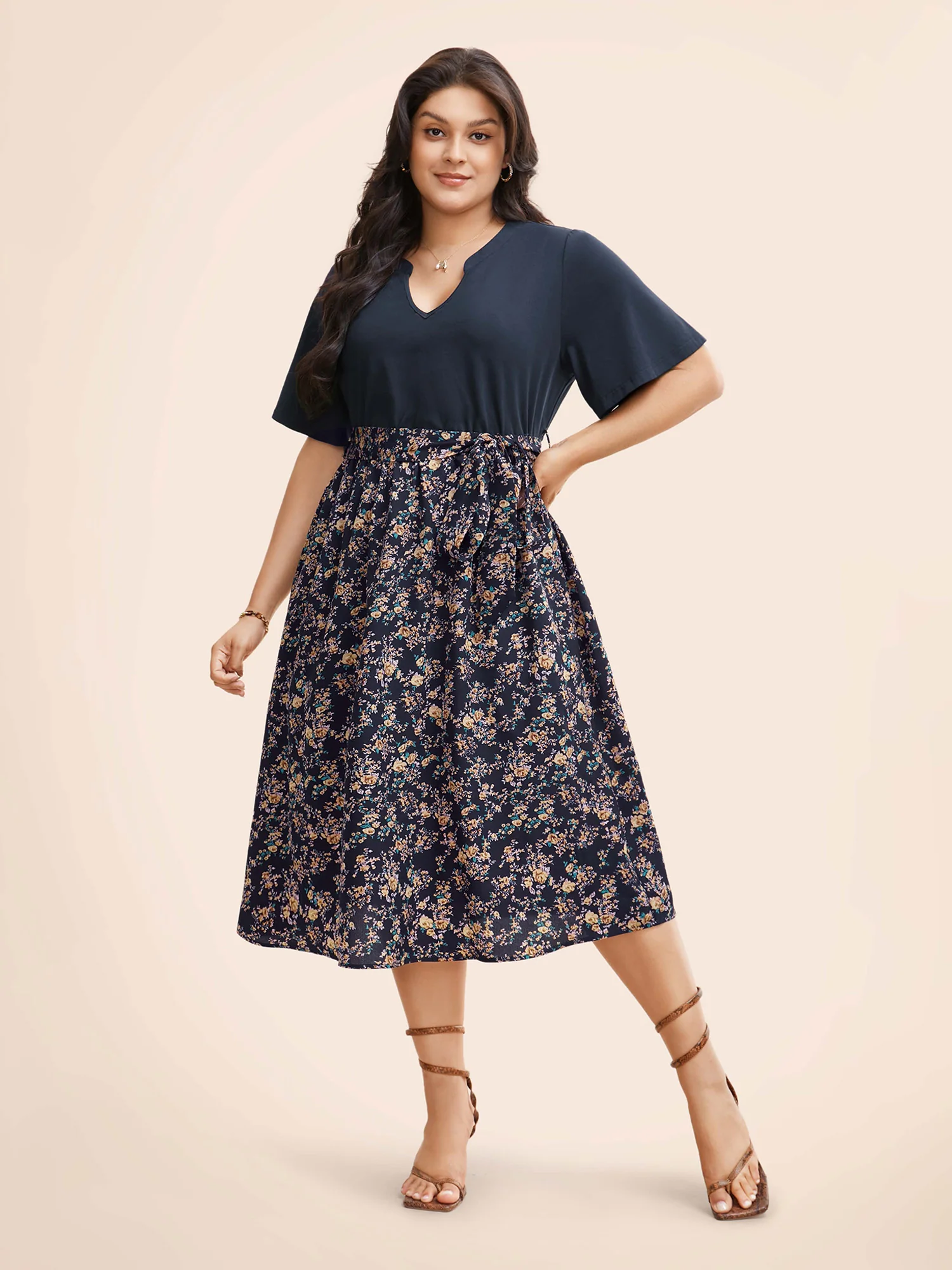 Notched Collar Floral Patchwork Belted Dress - Image 3