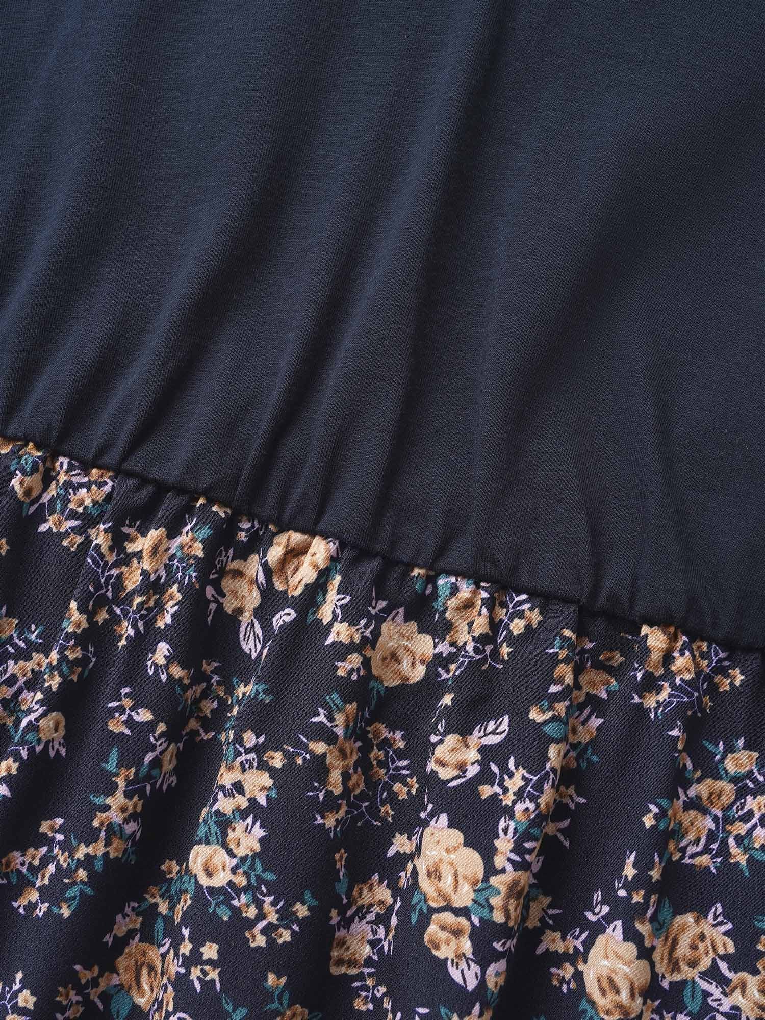 Notched Collar Floral Patchwork Belted Dress - Image 5
