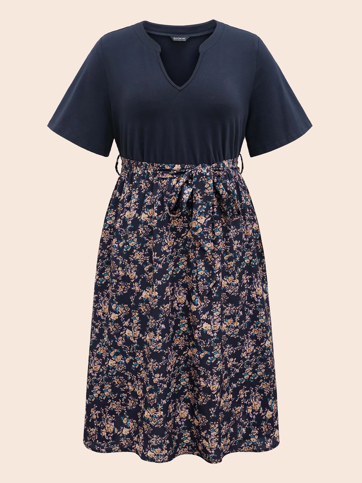 Notched Collar Floral Patchwork Belted Dress - Image 7