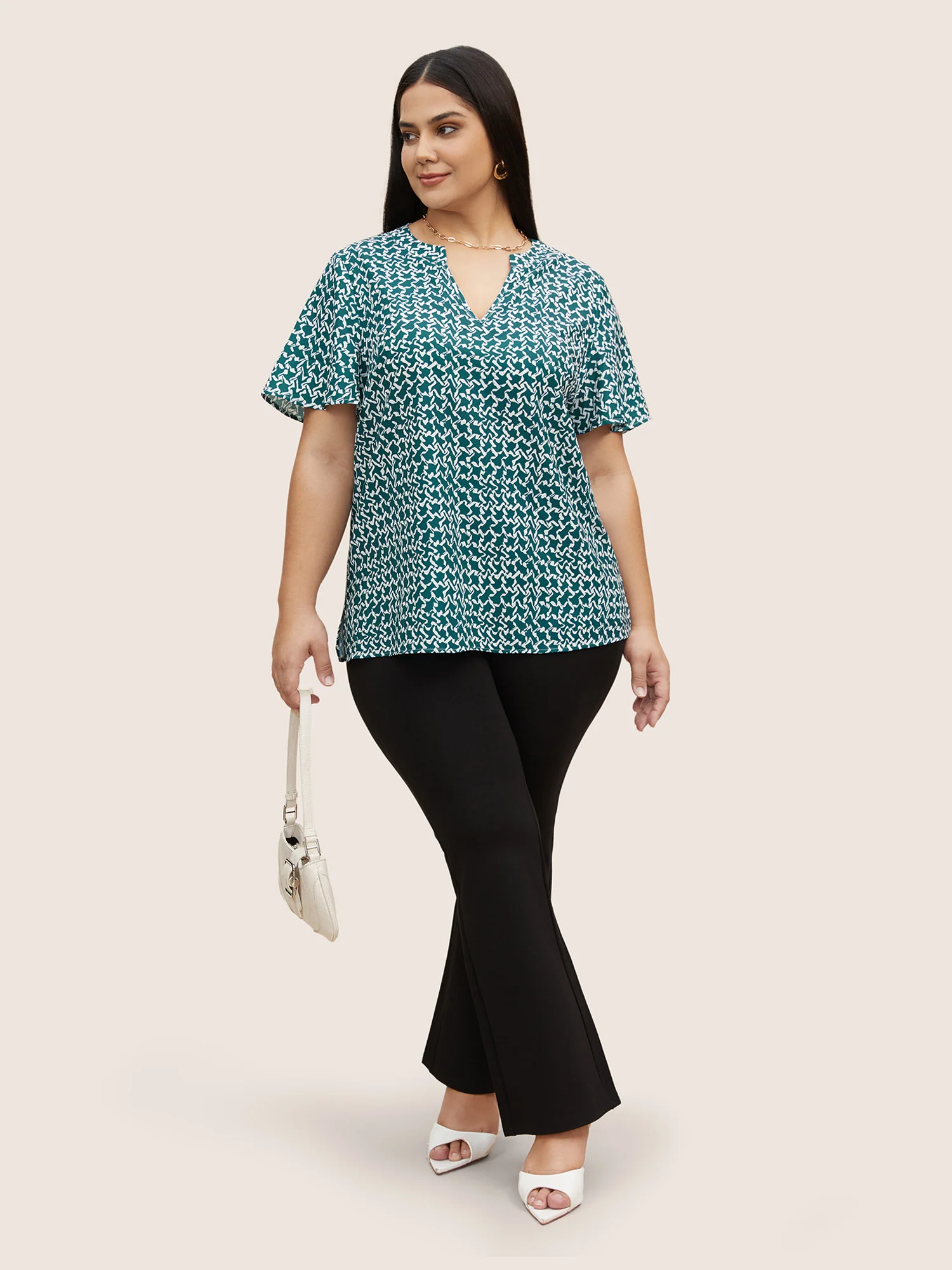 Notched Collar Geometric Flutter Sleeve Blouse - Image 2