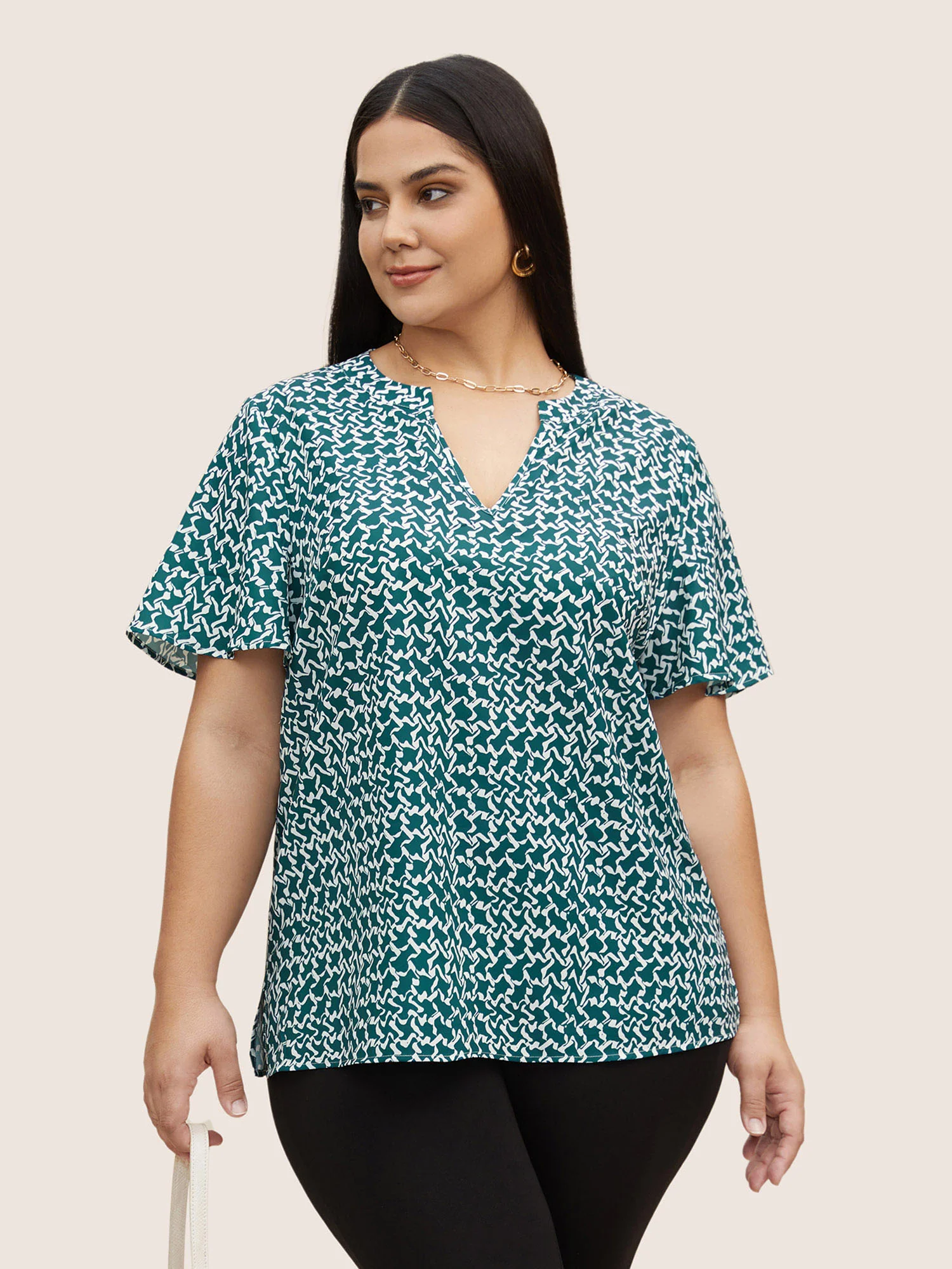 Notched Collar Geometric Flutter Sleeve Blouse - Image 4