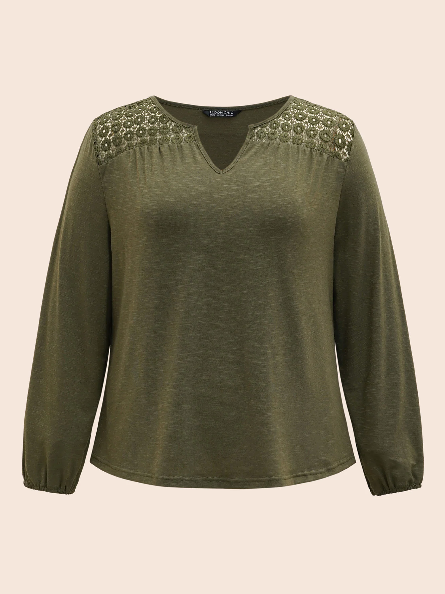 Notched Collar Lace Patchwork Gathered T-shirt - Image 7