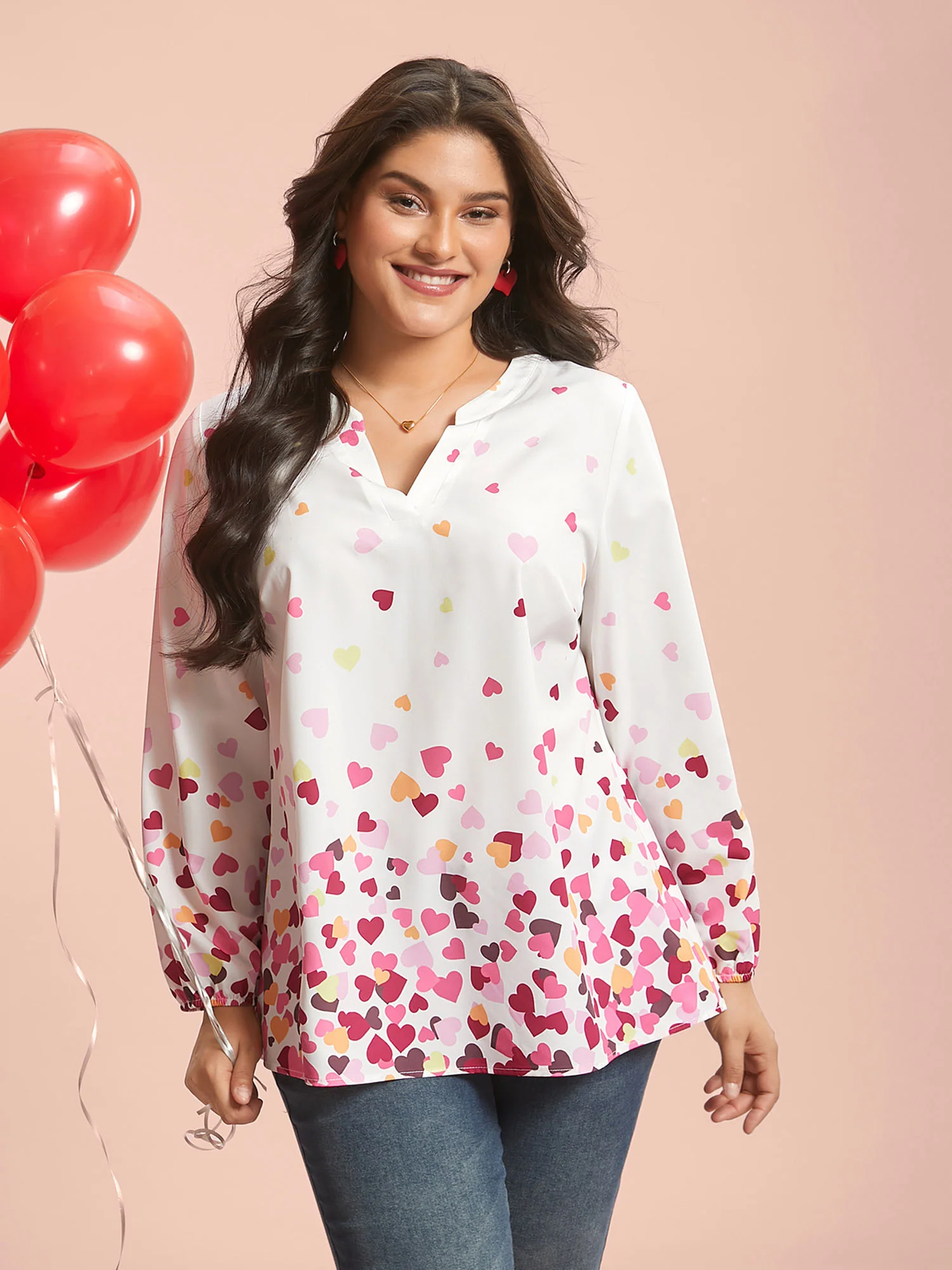 Notched Collar Multi-Color Hearts Blouse - Image 3