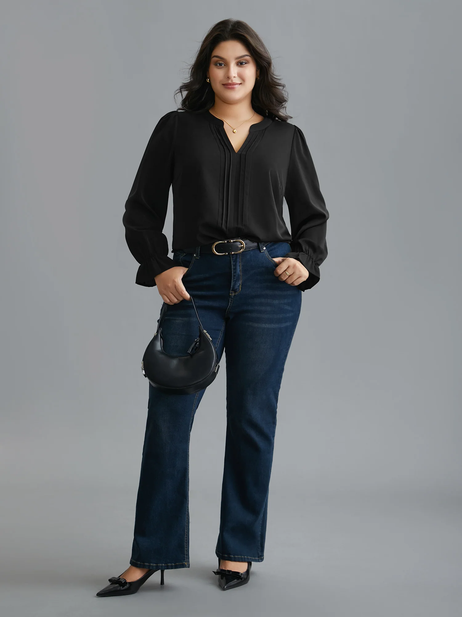Notched Collar Pleated Lantern Sleeve Blouse - Image 2