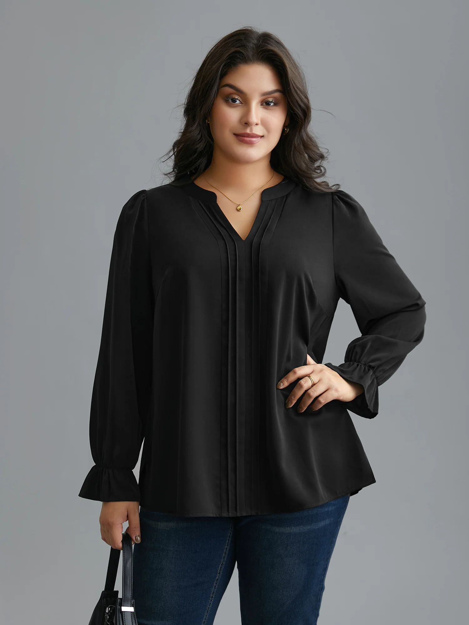 Notched Collar Pleated Lantern Sleeve Blouse - Image 3