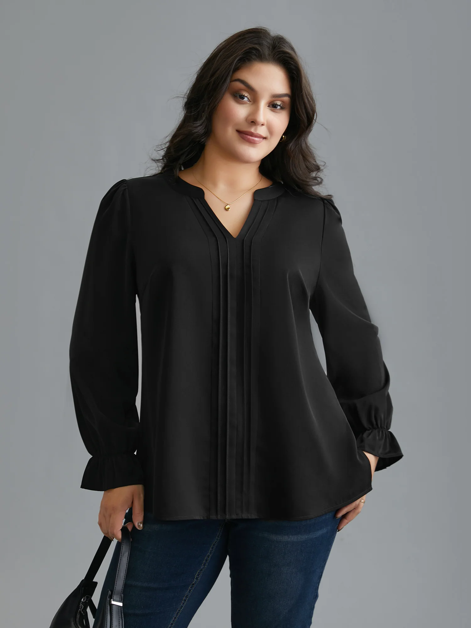 Notched Collar Pleated Lantern Sleeve Blouse - Image 4