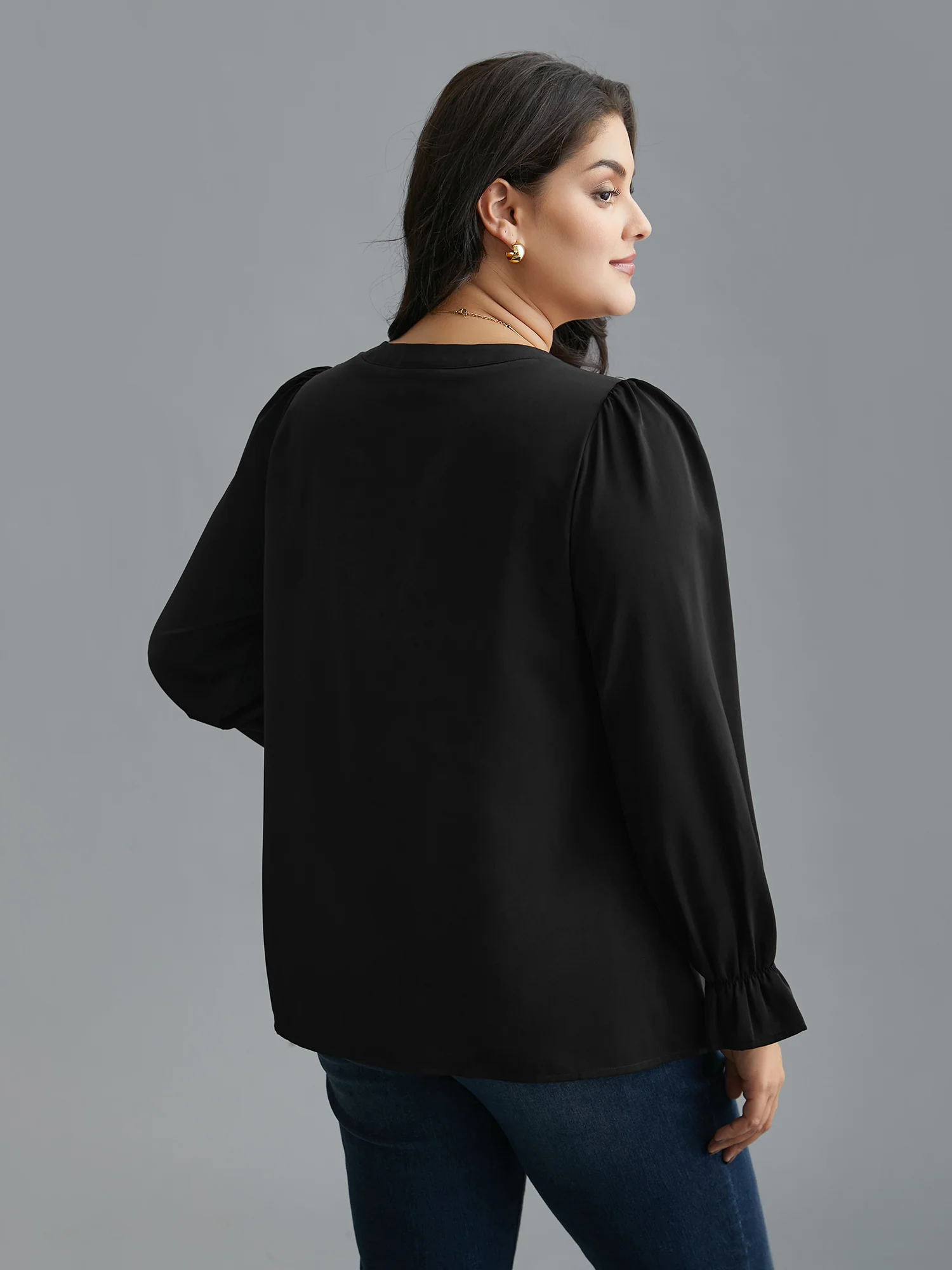 Notched Collar Pleated Lantern Sleeve Blouse - Image 5