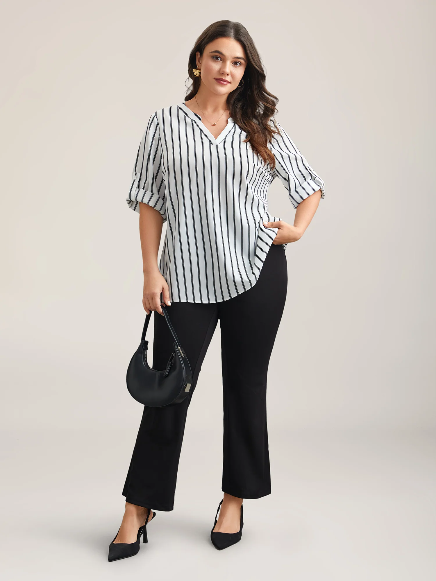 Notched Collar Striped Tab Sleeve Shirt - Image 2