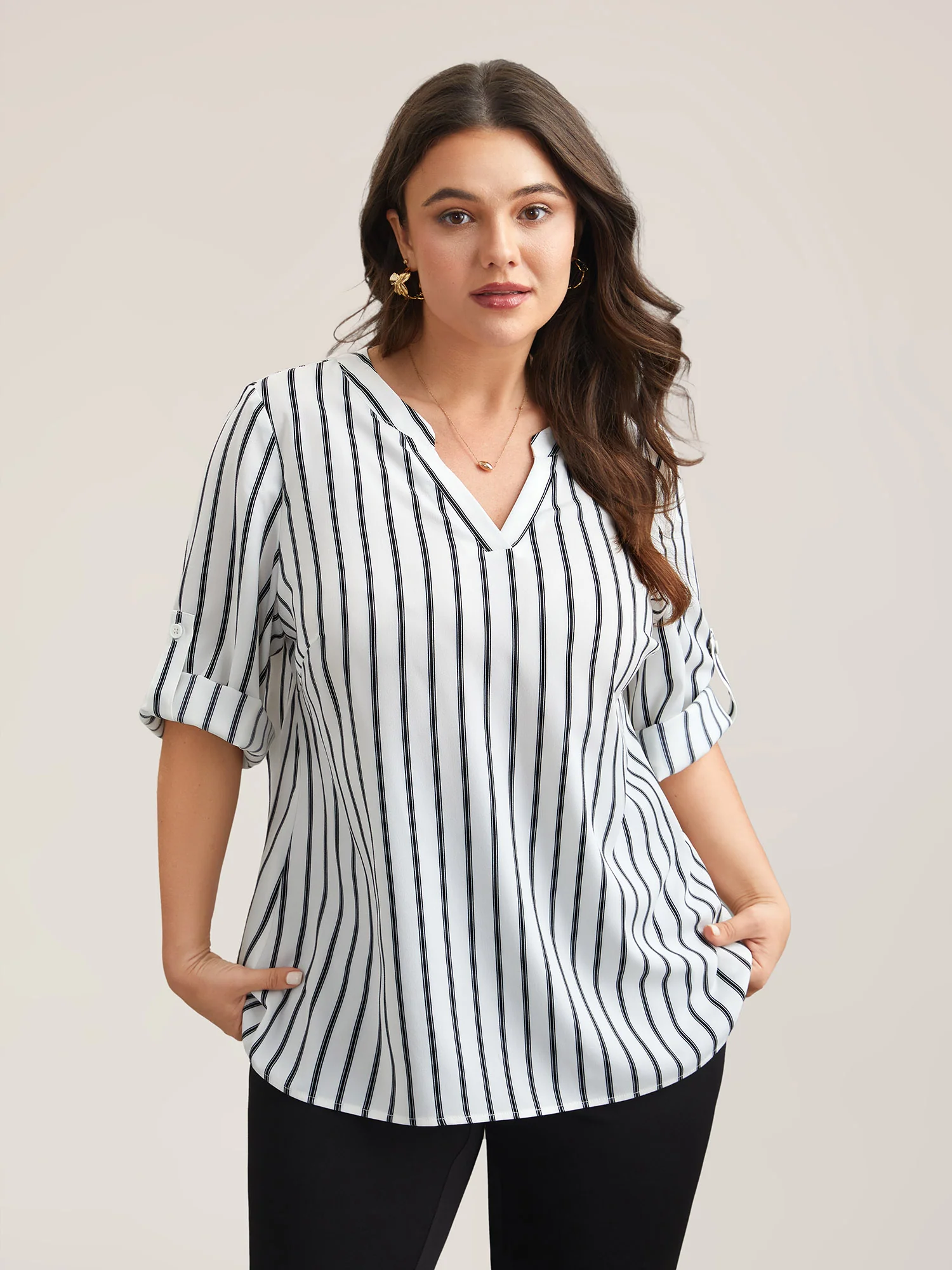 Notched Collar Striped Tab Sleeve Shirt - Image 3