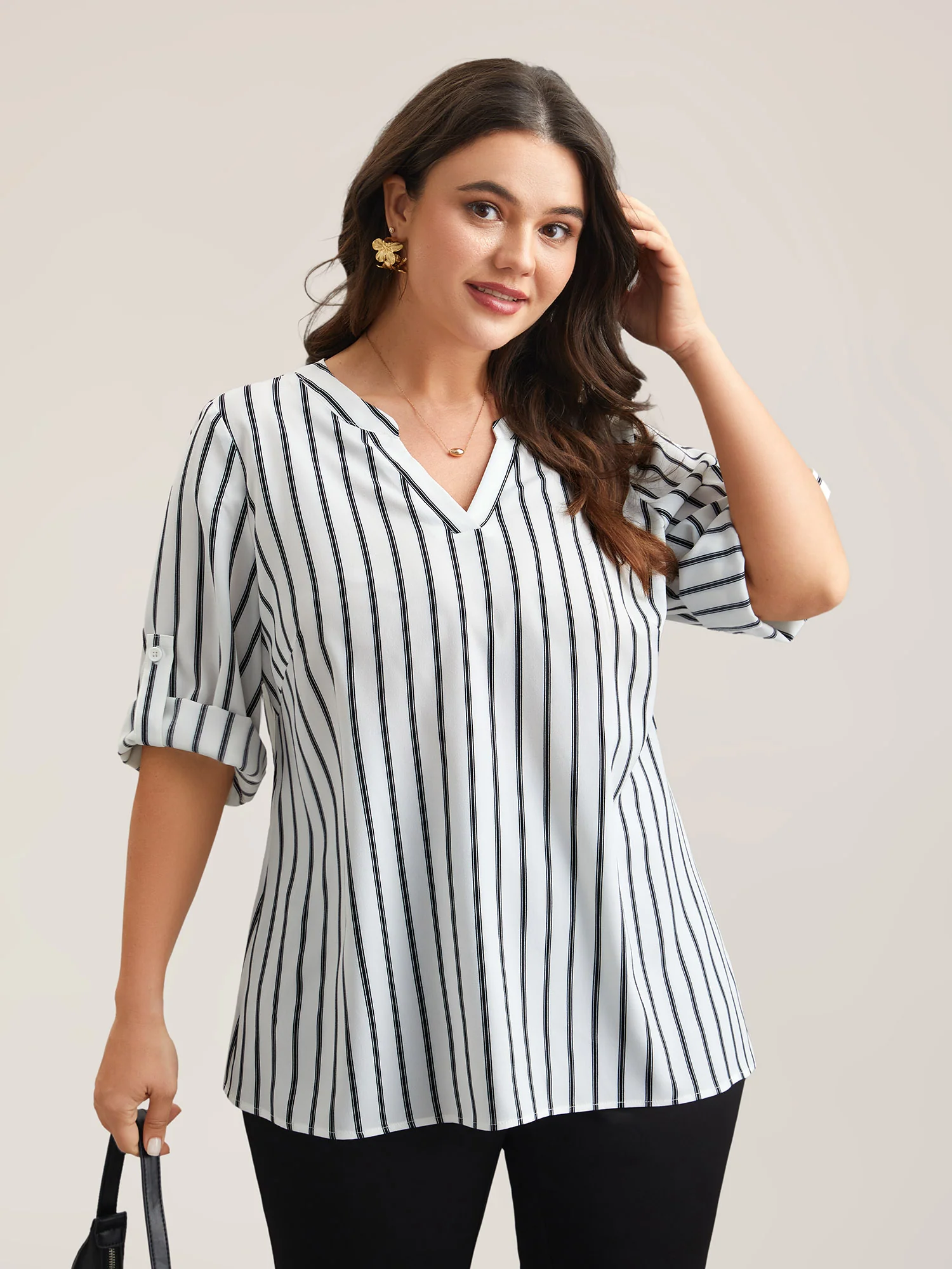 Notched Collar Striped Tab Sleeve Shirt - Image 4