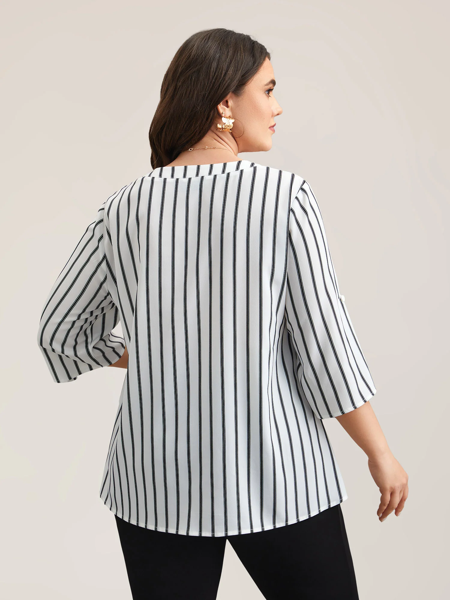Notched Collar Striped Tab Sleeve Shirt - Image 5