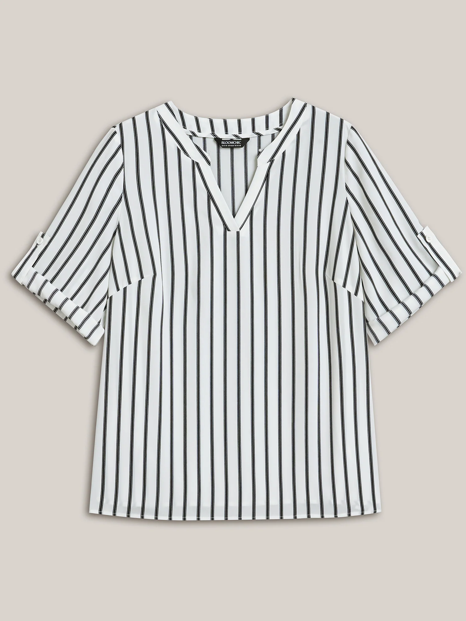 Notched Collar Striped Tab Sleeve Shirt - Image 8