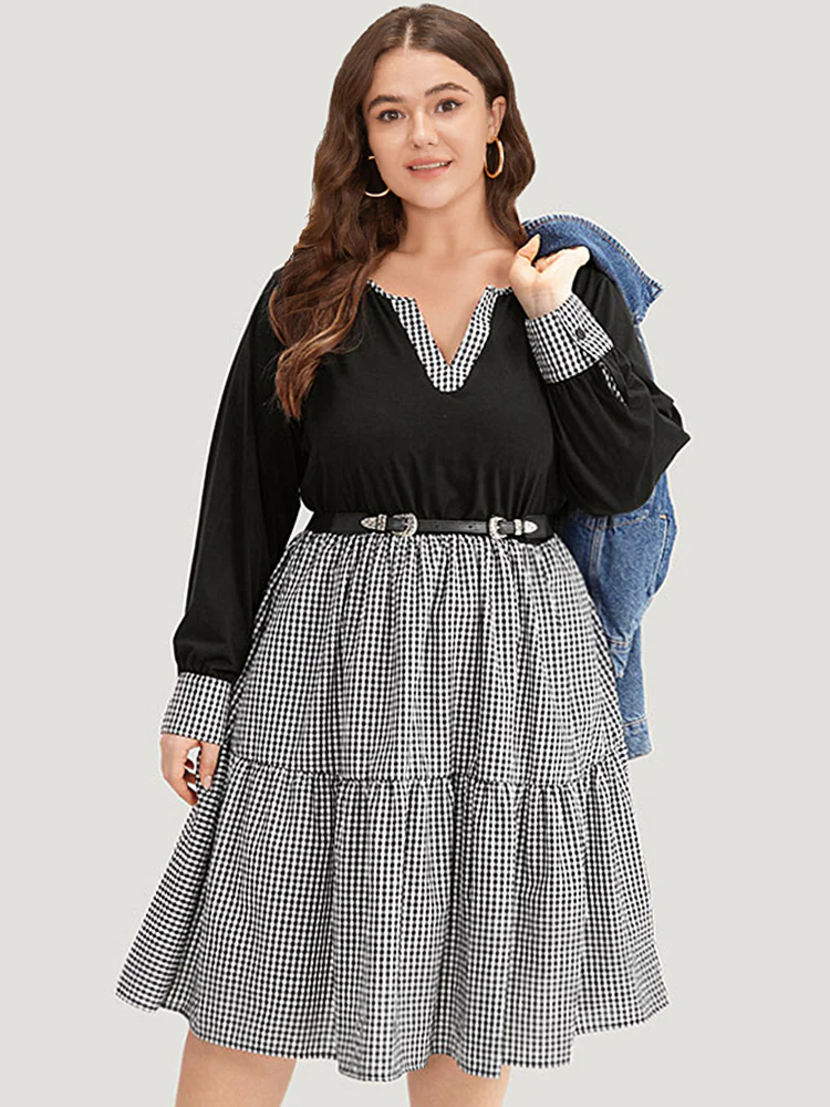 Notched Drawstring Gingham Patchwor Dress - Image 2