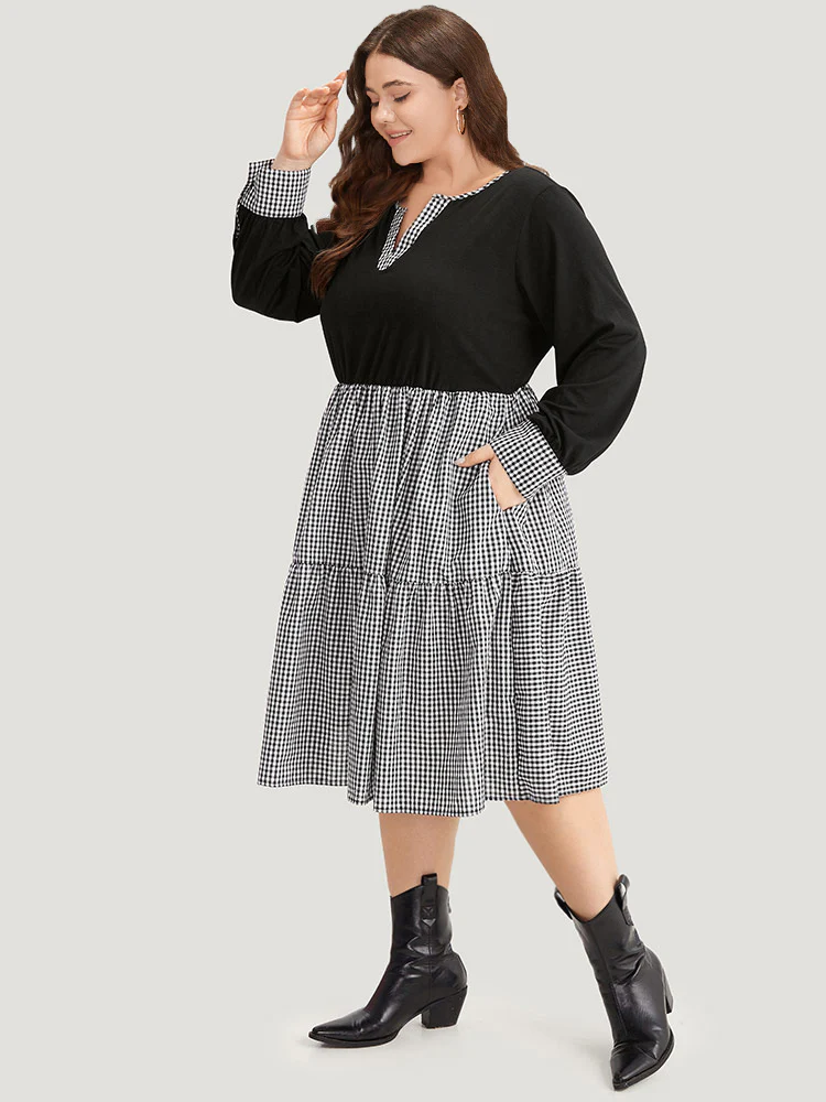 Notched Drawstring Gingham Patchwor Dress - Image 3