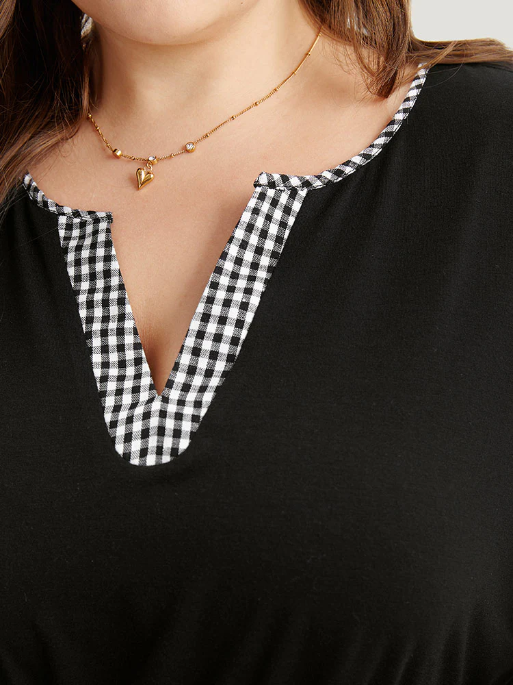 Notched Drawstring Gingham Patchwor Dress - Image 4