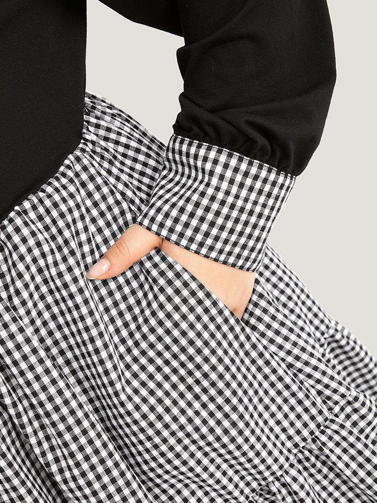Notched Drawstring Gingham Patchwor Dress - Image 6