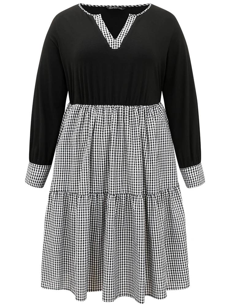 Notched Drawstring Gingham Patchwor Dress - Image 7