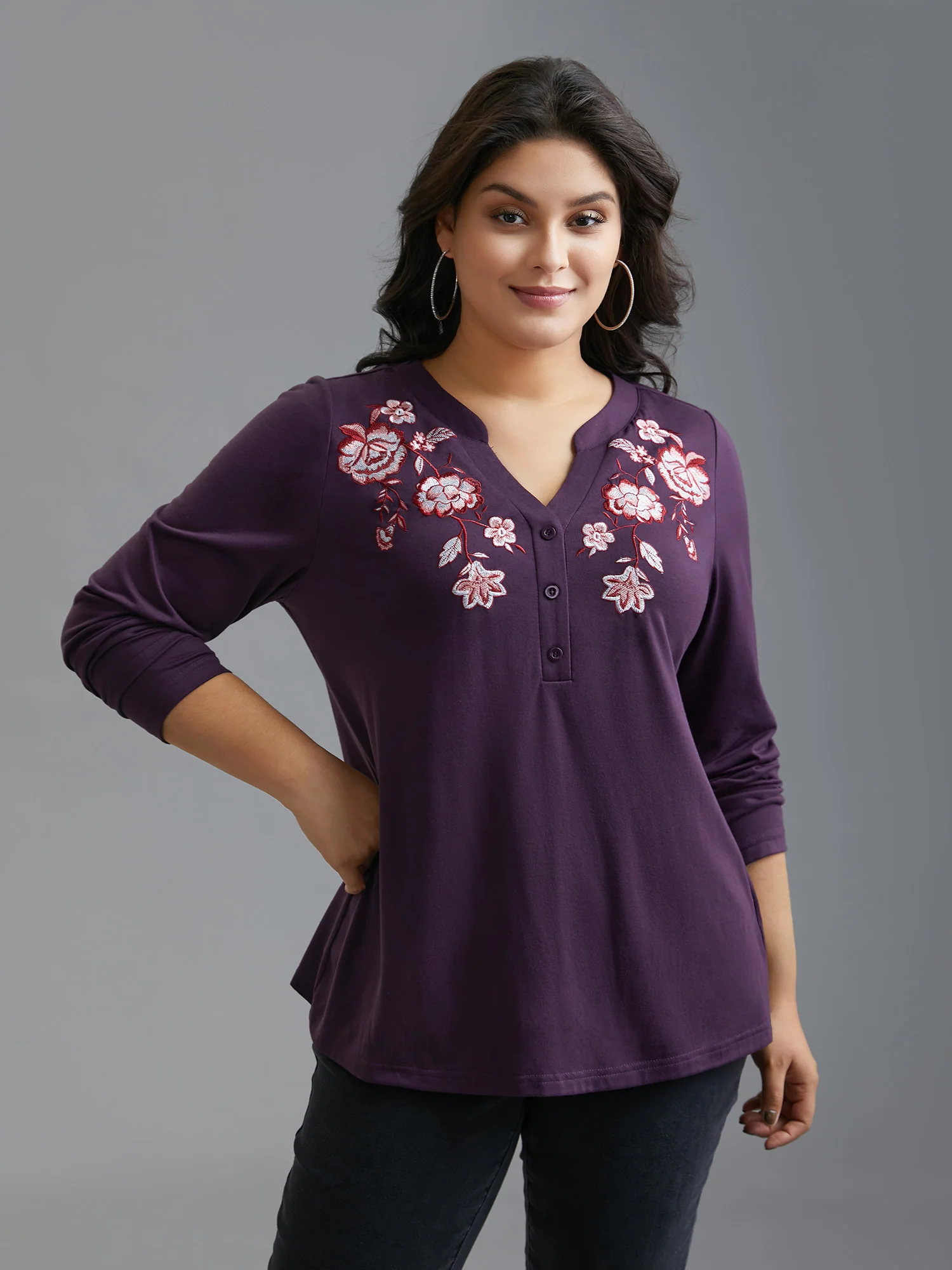 Notched Floral Embroidered Button Top