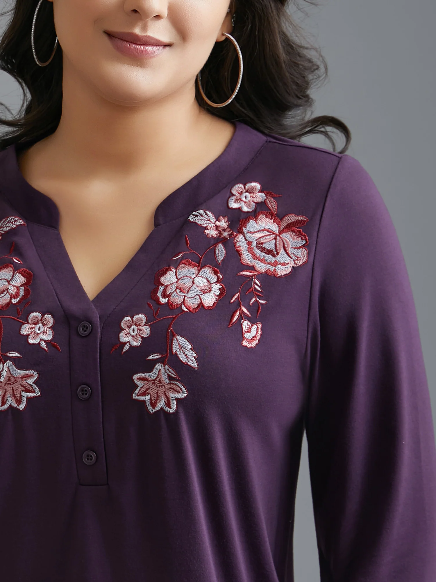 Notched Floral Embroidered Button Top - Image 2