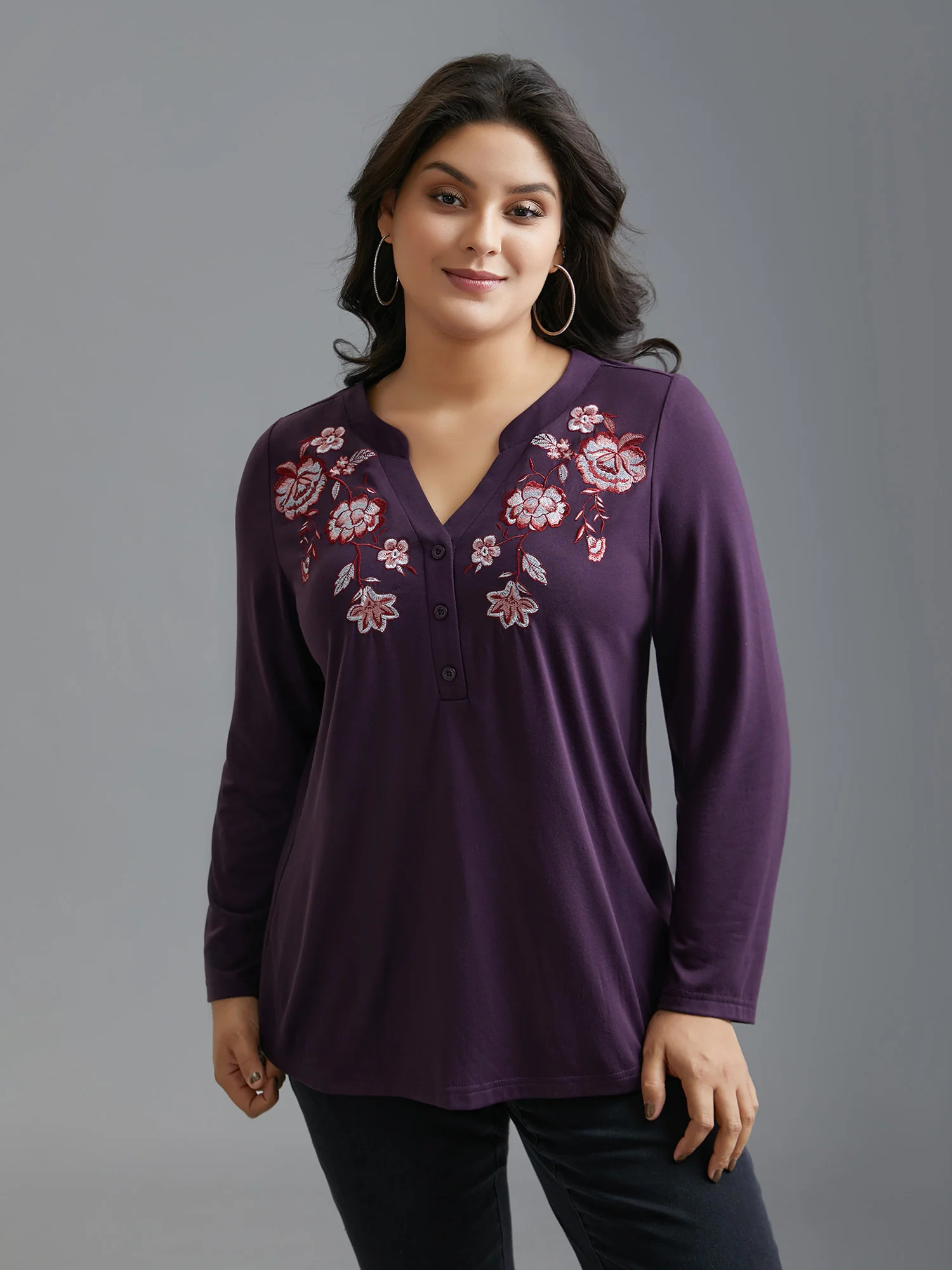Notched Floral Embroidered Button Top - Image 3