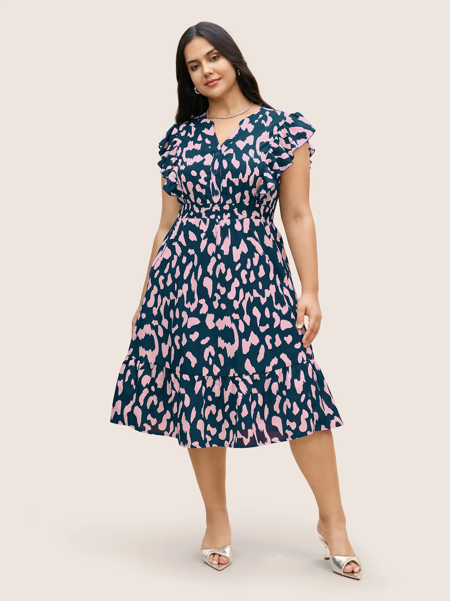 Notched Leopard Print Cap Sleeve Ruffles Dress - Image 12