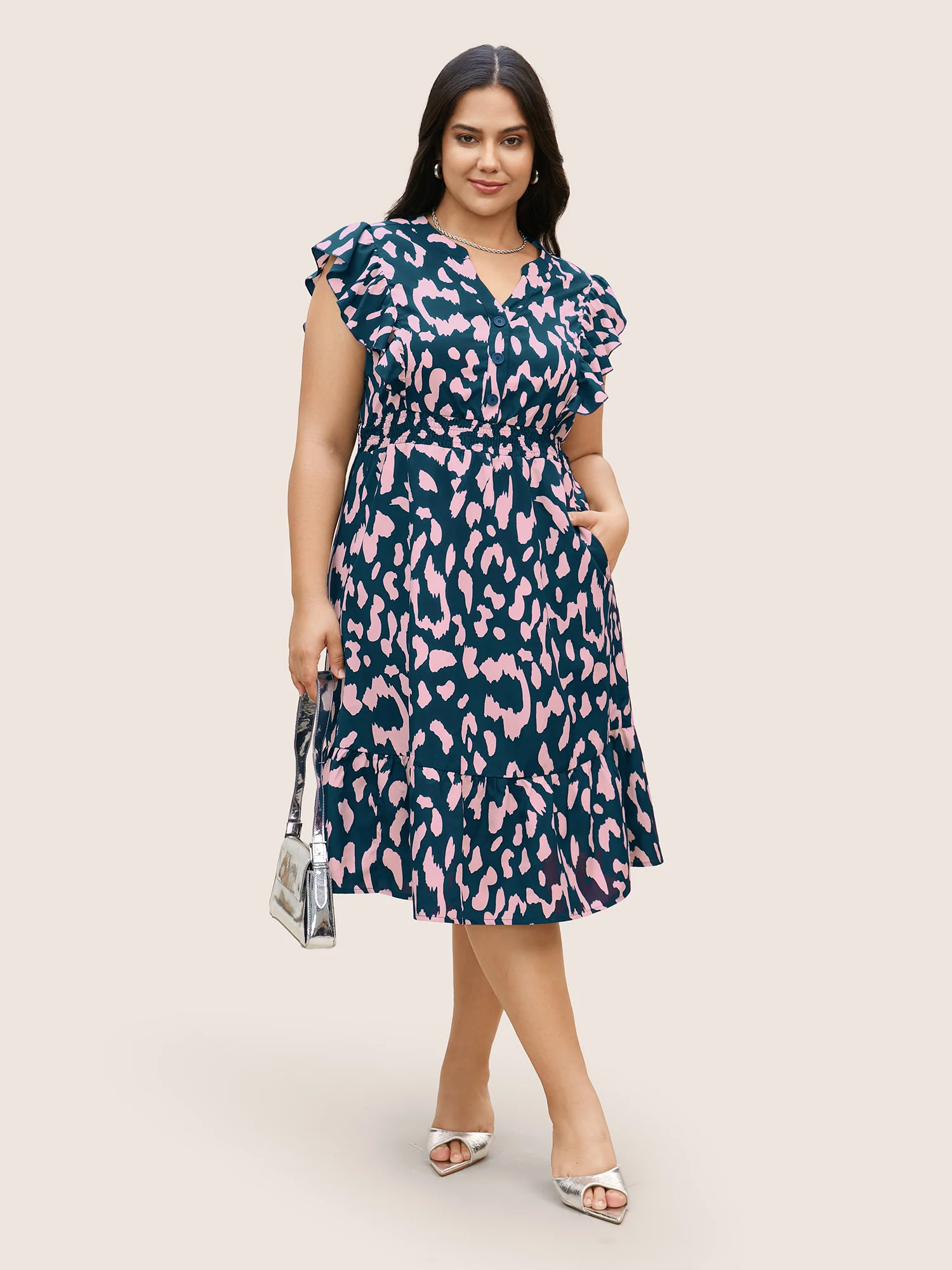 Notched Leopard Print Cap Sleeve Ruffles Dress - Image 13