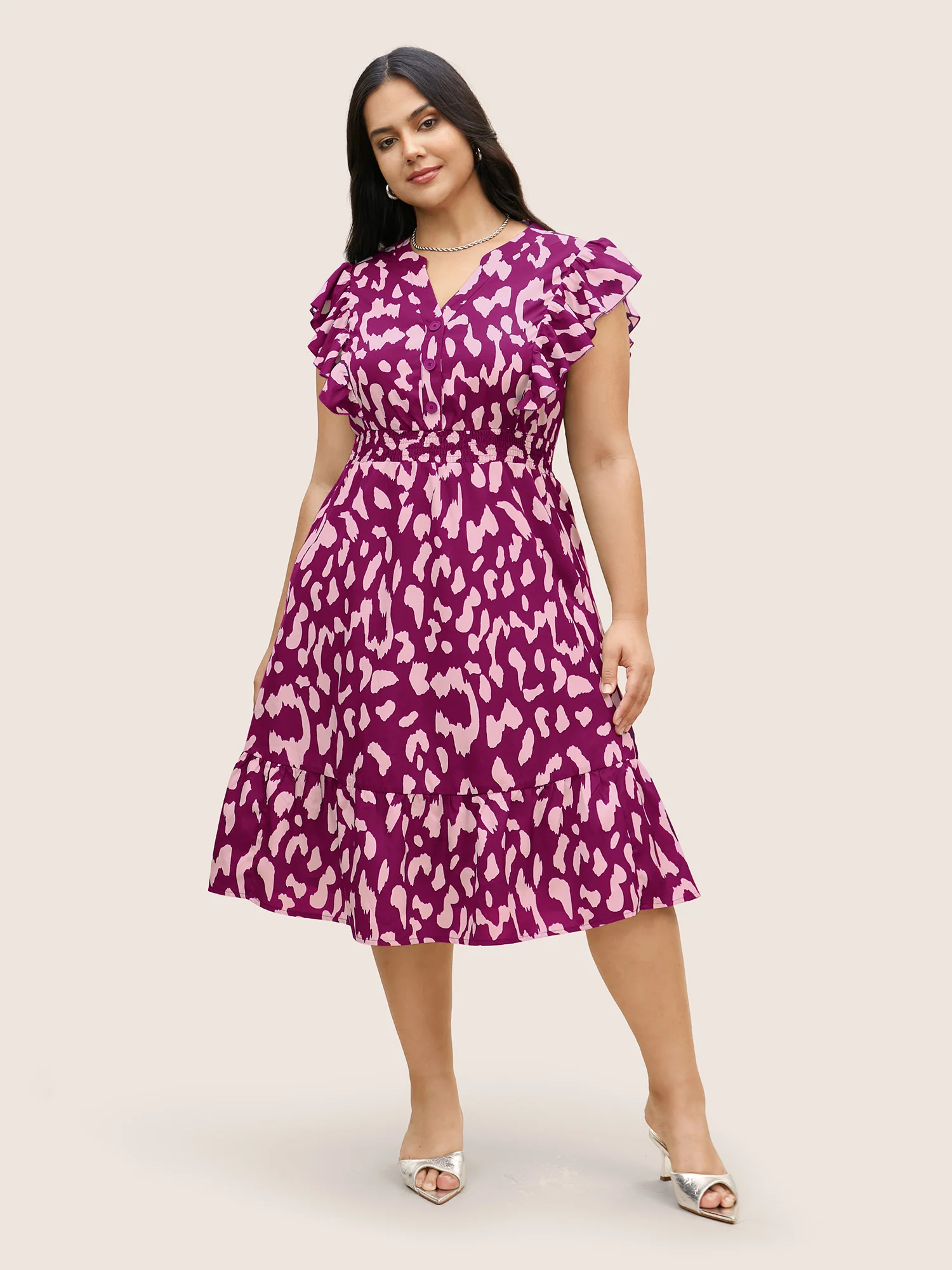 Notched Leopard Print Cap Sleeve Ruffles Dress - Image 16