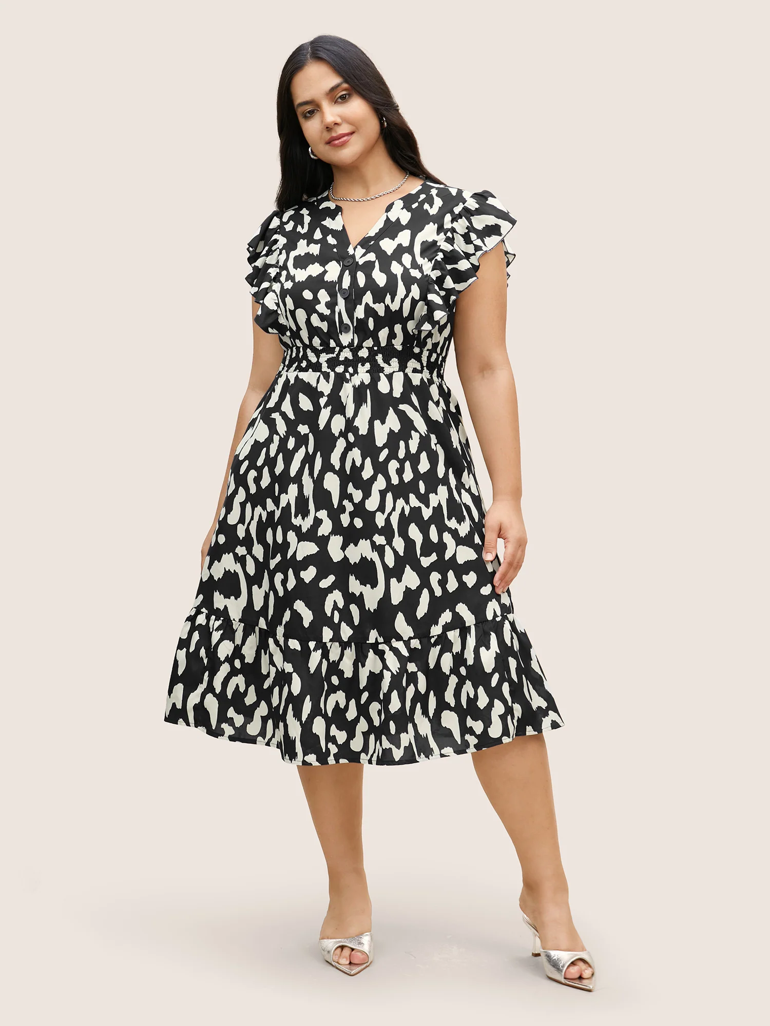 Notched Leopard Print Cap Sleeve Ruffles Dress - Image 8