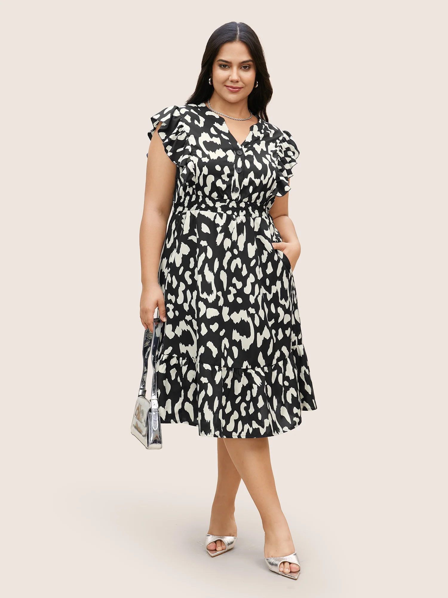 Notched Leopard Print Cap Sleeve Ruffles Dress - Image 9