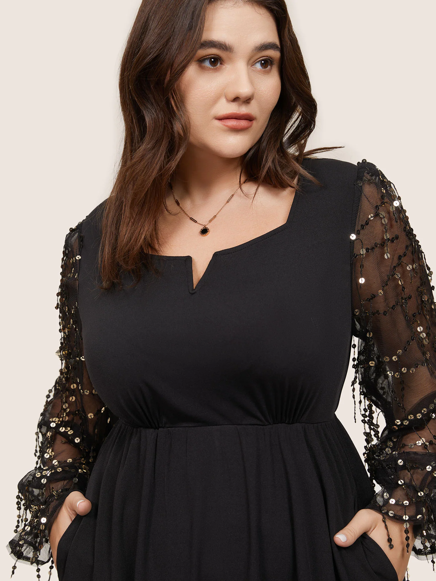 Notched Mesh Gathered Sequin Tassel Trim Dress - Image 2