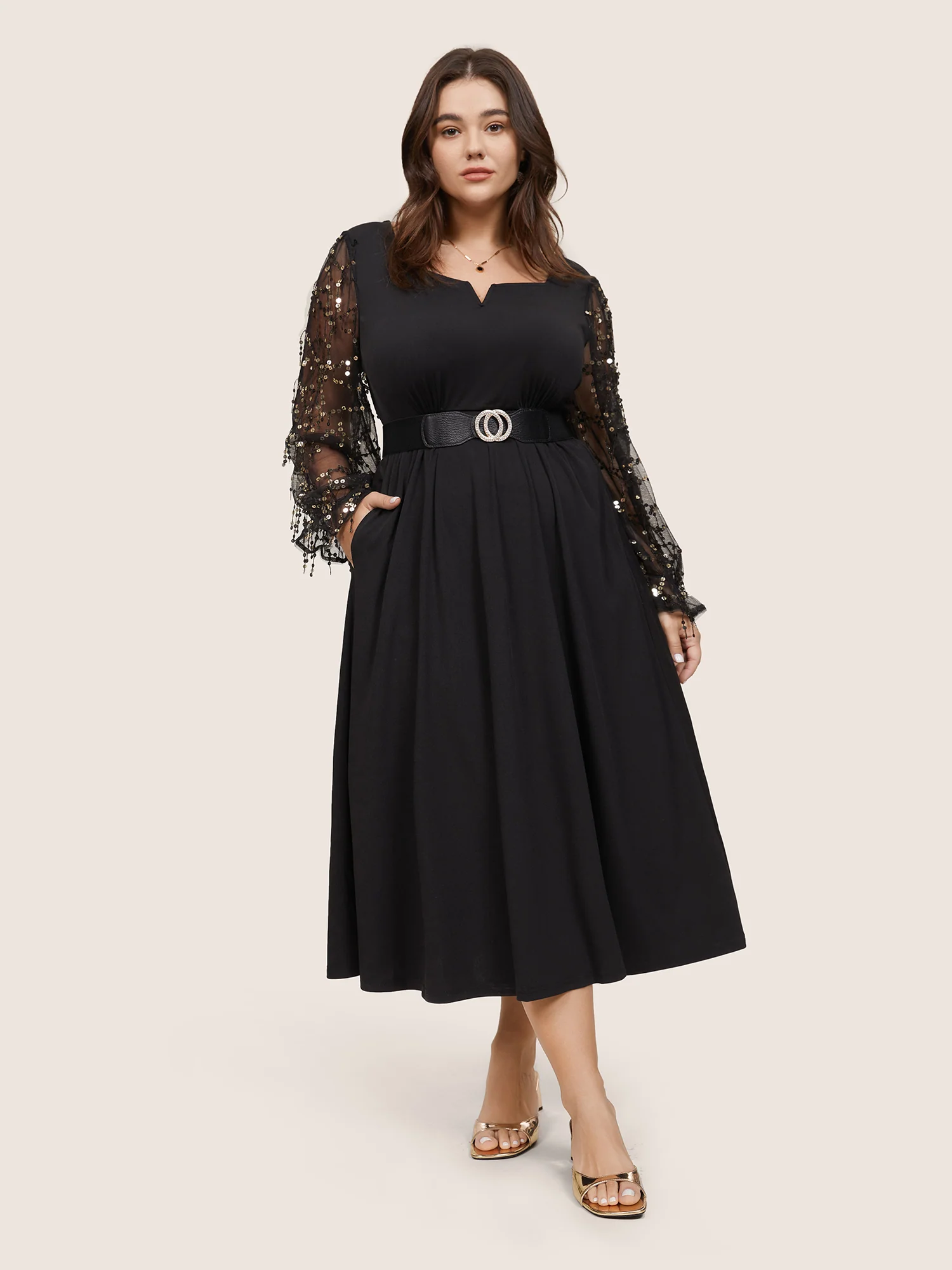 Notched Mesh Gathered Sequin Tassel Trim Dress - Image 3