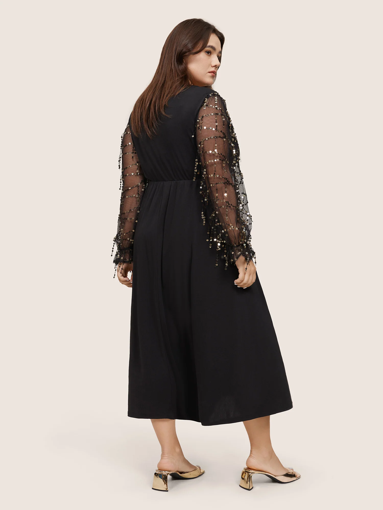 Notched Mesh Gathered Sequin Tassel Trim Dress - Image 4