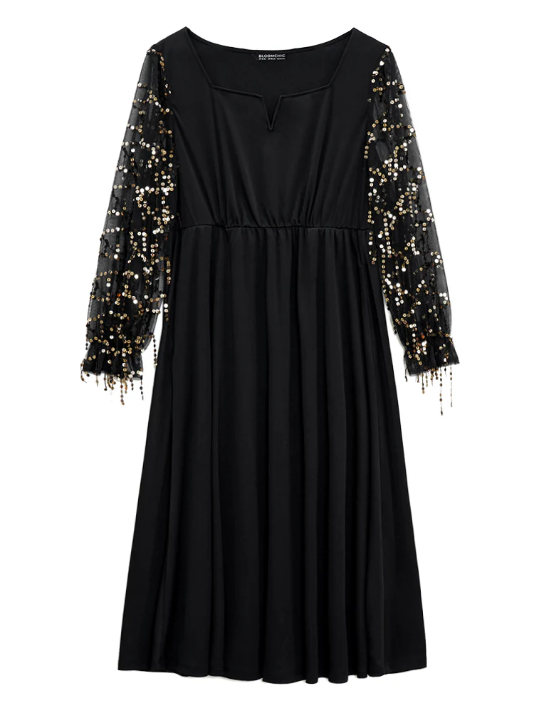 Notched Mesh Gathered Sequin Tassel Trim Dress - Image 5