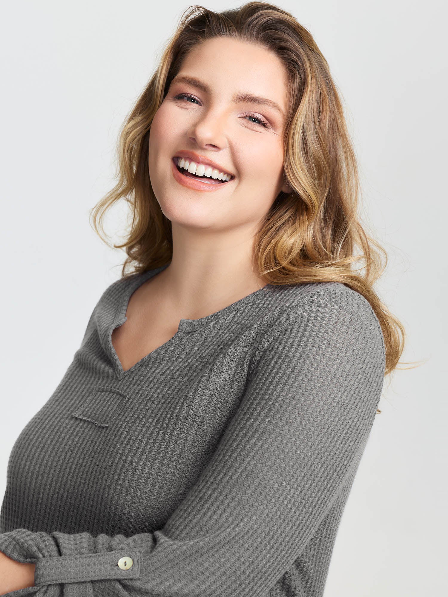 Notched Neck Tab Sleeve Waffle T-Shirt - Image 2