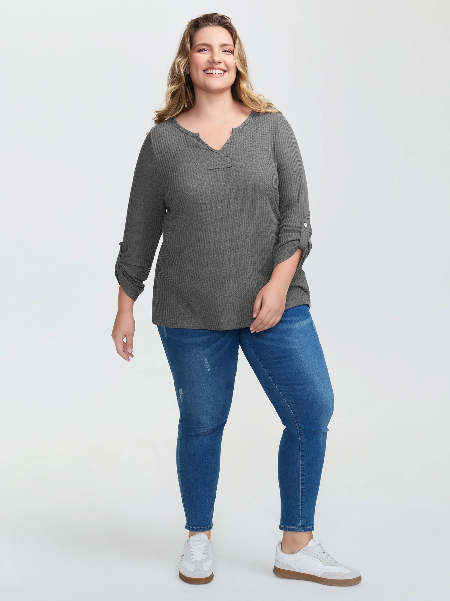 Notched Neck Tab Sleeve Waffle T-Shirt - Image 3